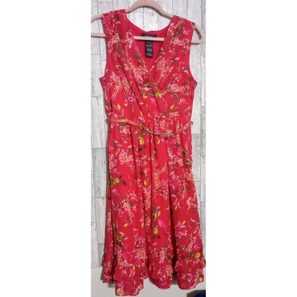 George Dress By Mark Eisen Floral Spring Pink Flirty Ruffle Lined Belted Size 10 - Picture 1 of 4